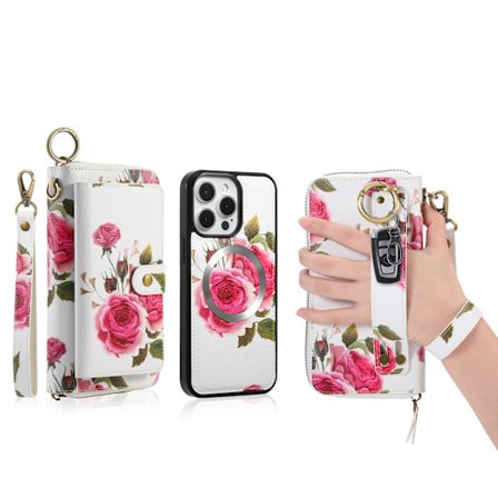 Etui til iPhone15PROMAX hvit rose kortlommebok lær snor retro magnetisk sugekopp