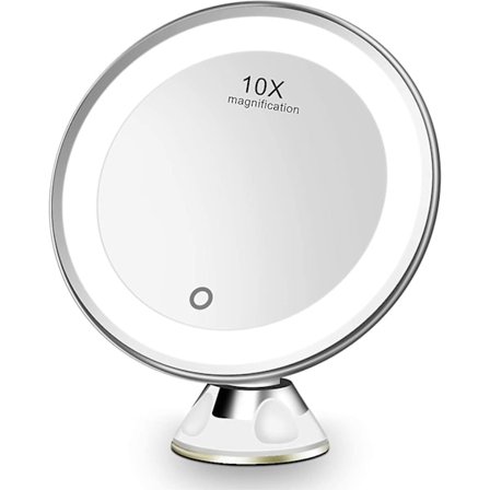Kosmetisk spegel LED-belysning med 10x förstoringsspegel dimbar smink spegel med stark sugkopp 360 svängbar spegel med pekskärm (vit)