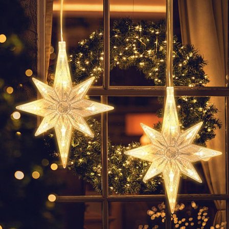 2 st LED Jul Fönsterlampa, Blinkande Julgardin Ljus Timer, Hängande Lampor (Varmt Ljus, Nordstjärnor) [Energiklass A]
