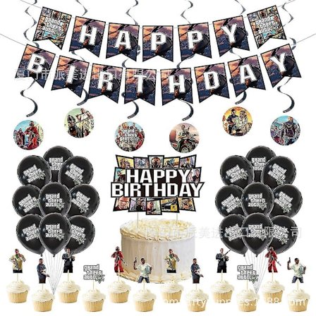 GTA Grand Theft Auto -peliteemaisen juhlan koristekirjainbanneri, kakkulippu, ilmapallo, spiraali-asetelmasetti