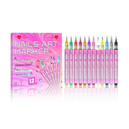 12 Farver Neglekunst Penne Sæt, 3D Hurtigtørrende 0,5MM Akryl Neglelak Penne med Dotting Liner - Salon DIY Manicure Værktøj, Neglekunst Tegning & D[HK
