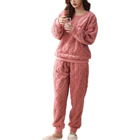 HAUFR Dame Fluffy Fleece Pysjamas Set 2 Del Varm Fleece Pyjamas Set Mykt Nattøy Langermet Crewneck Lommer Bukser -1