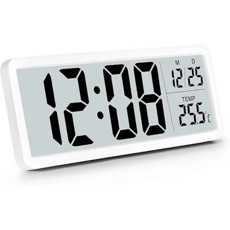 Digital Väggklocka Batteridriven, Väggklocka Digital Klocka med Stora Siffror, Temperaturvisning, Vit