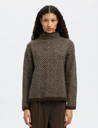 Selected Slflulu Ls Herringbone Knit High Neck - Brown - L