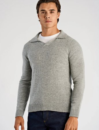 Lindbergh Lambswool L/S V-Neck Polo - Grey - L