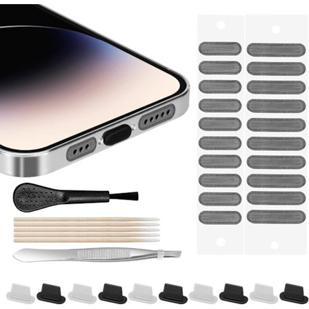Støvprop til iPhone, Lightning Port Prop Beskytter Telefonhøjttaler Støvtætte Mesh Klistermærker, med Rengøringsværktøj - til iPhone