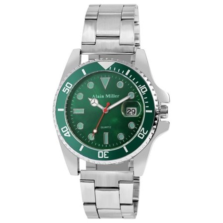 Alain Miller miesten rannekello 39 mm – vihreä kellotaulu ja teräsranneke, hopea/vihreä