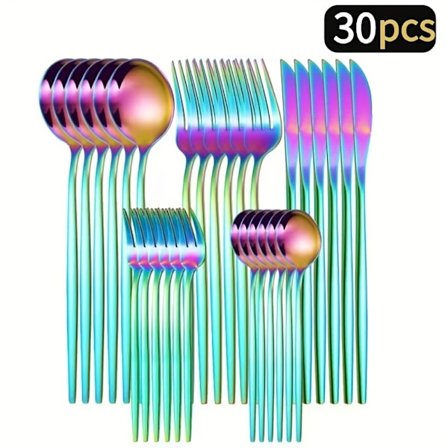 En Elegant Lyxig 30-delars Bestickset i Rostfritt Stål - Inkluderar Kniv, Gaffel, Sked, Dessertsked och Dessertgaffel för 6 Personer - Spegelpolerad (