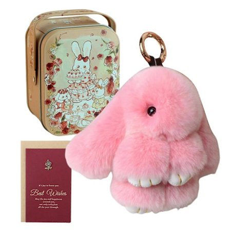 Håndlaget Bunnylulu Nøkkelring med Tinnboks og Gavekort - Myk Kanin Pompom Søt Nøkkelring Sjarmer for Kvinner Jenter Julegaver