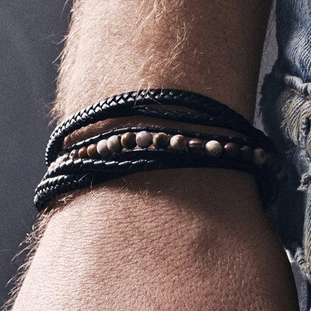 Naxos Coral Jade Leather Bracelet for Men - Beaded bracelets