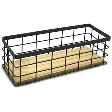 Lille metal opbevaringskurv med træbund, dekorative kurve til opbevaring i hjemmet, trådkurv til organisering af små service, sort med brun