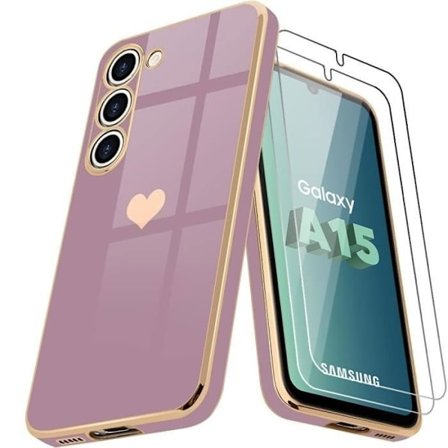 Coque + Tempered Glass - BOOLING - til Samsung Galaxy A15 4G-5G - Violet - 2 Tempered Glass - Stødabsorberende - Hjerte