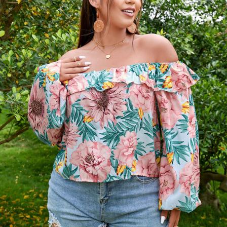 T-shirt Med Blommönster För Damer, Off Shoulder Print