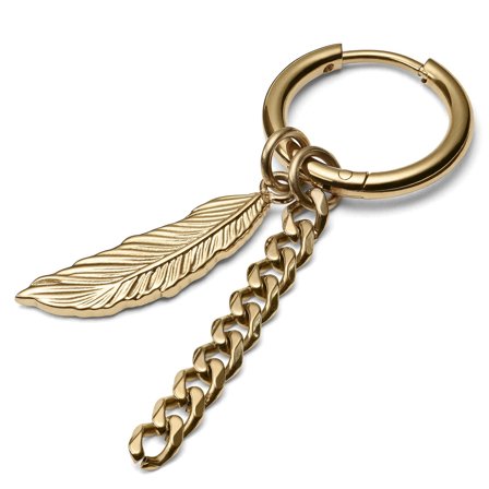 Guldfarvet Drop Hoop Stålørering m. Fjer & Kæde Vedhæng til mænd - Hoop øreringe m. vedhæng