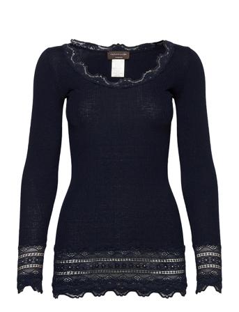 Silk T-Shirt W/ Lace T-shirts & Tops Long-sleeved Blå Rosemunde