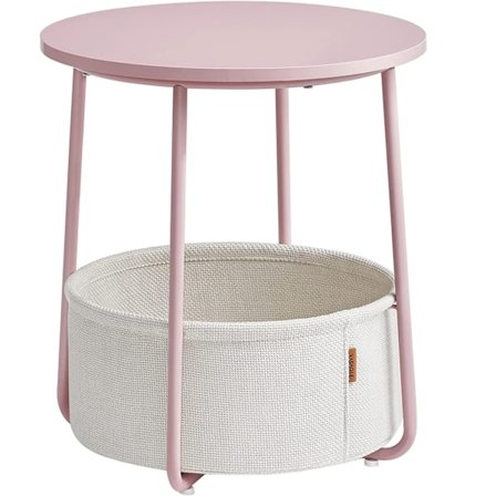 Vasagle sidebord, rundt sidebord med stofkurv, sengebord, pastelrosa/skyhvid