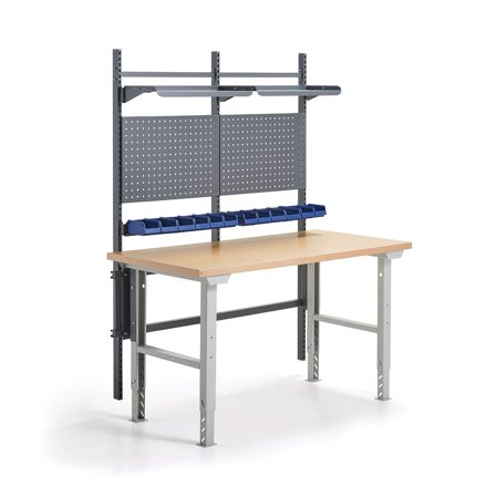 Komplett arbeidsbord, verktøypaneler, plastbakker, hyller, L1500 B800 mm