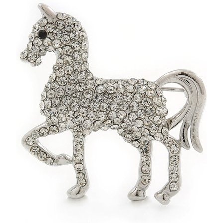 Liten Silverfärgad Österrikisk Kristall Häst Brosch - 38mm Bredd