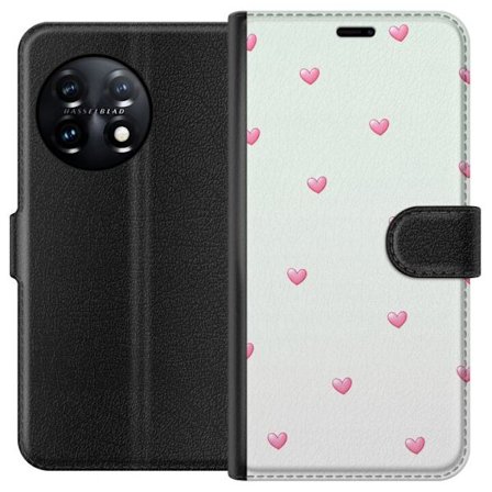Kompatibelt Lommeboketui til OnePlus OnePlus 11R Minimalistiskt mønster med rosa hjerter på lys bakgrunn, søtt og enkelt design for mobildeksler, p
