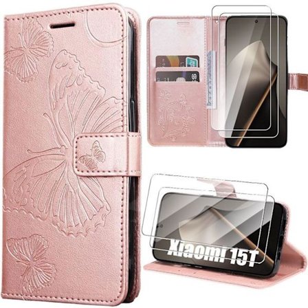 Cover + 2 Tempered Glasses til Xiaomi 15T, Anti-Skrabebeskyttelse i Rose Læderlook med Sommerfuglemønster