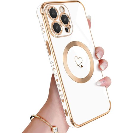 (Vit) Deksel til iPhone 14 Pro Max,] Søtt hjerteformet magnetisk deksel med gullbelagt kant, støtsikkert silikondeksel
