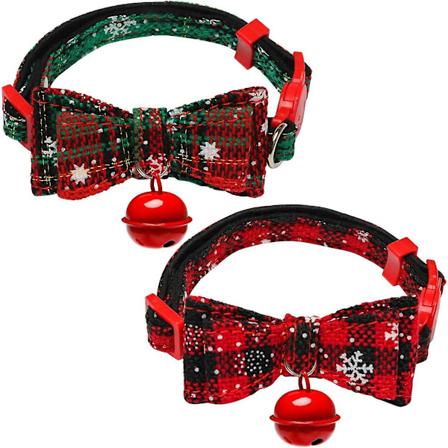 2-pack kattkrage med sönderbrytbar spänne och söt fluga och klocka, jul katt rutig krage, söt fluga S för kattungar och valpar, justerbar