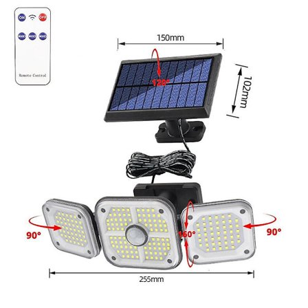 Solcellslampa för vägg med rörelsesensor, vattentät, 270 graders vinkel