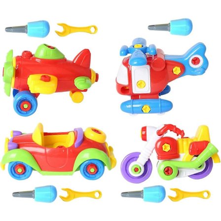 Leker som kan tas fra hverandre for barn - 4-pakning Monteringsbil Fly Helikopter Motorsykkel STEM Byggekjøretøylekesett - 