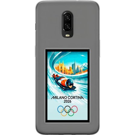Yhteensopiva Puhelinkuori OnePlus 6T Dynaaminen kelkkailija tai skeleton-ajaja jääkanavalla Milanon Cortina 2026 kanssa, kaupunkinäkymä ja olympialais