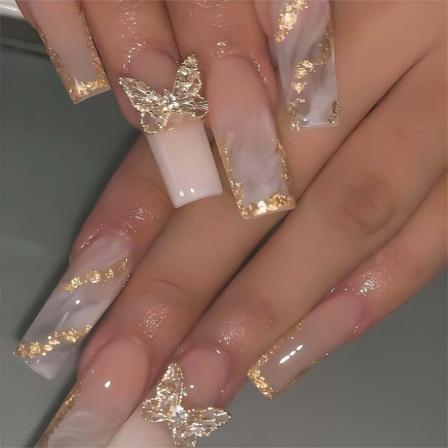 Negletrykk på lange trykk på negler, blanke Ombre akryl falske negler med 3D sommerfugldesign gull glitterpulver kunstige negler, 24 stk