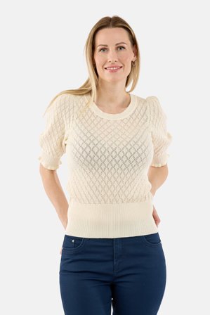 JENSEN - Kortærmet Strik - Råhvid - Hulmønster