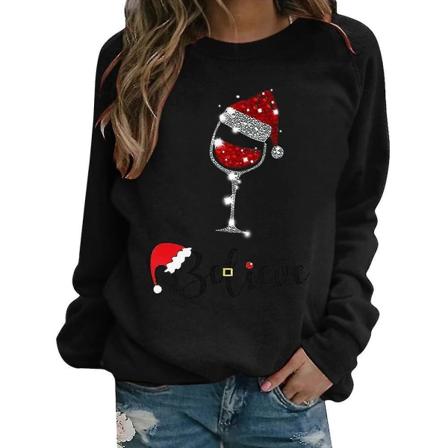 Jul Kvinner Langermet T-skjorte Xmas Print Casual Løse Topper Bluse Black L