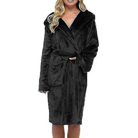 Vinterfleece morgonrock Dam morgonrock Huva Fluffig Handduksplagg Badrock Svart Black