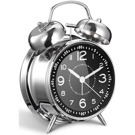 Højt Vækkeur til Voksne Tunge Sovere, 4" Metal Dobbelt Klokke Batteridrevet Soveværelsesindretning Lydløs