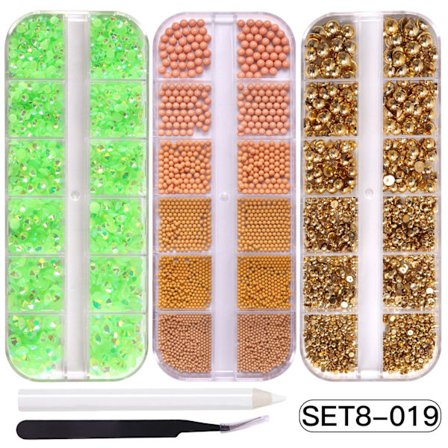 (Gulgrön) Stålkulplan bas blandad diamant harts, nagelkonst kristalluppsättning - nagelkonst, nagelkonst kristall, blandad storlek, diamant 