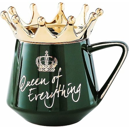 Dronning af alt krus, keramisk kunstkrus med krone låg og ske