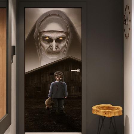 3D Halloween Dørklistermærker Reaper Nonne, 30 x 79 tommer Reaper Nonne Realistisk Dør Tapetklistermærke til
