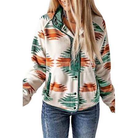 Womens Fleece Jacket Western Aztec Print Long Sleeve Snap Button Down Shacket Jackets
