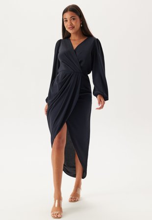 John Zack - Balloon Sleeve Wrap Front Maxi Dress - Navy