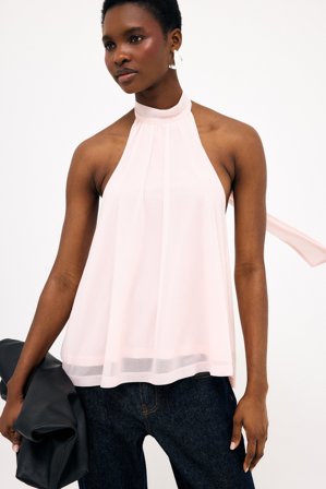 Felicia Wedin x NA-KD Flowy Collar Top - Halterneck top - Lyserød - S