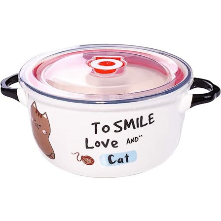 Mikrovågsugn Keramisk Soppskål med Lock och Handtag, Söt Tecknad Katt Flingor Skål för Soppa Snabbnudlar (Brun)