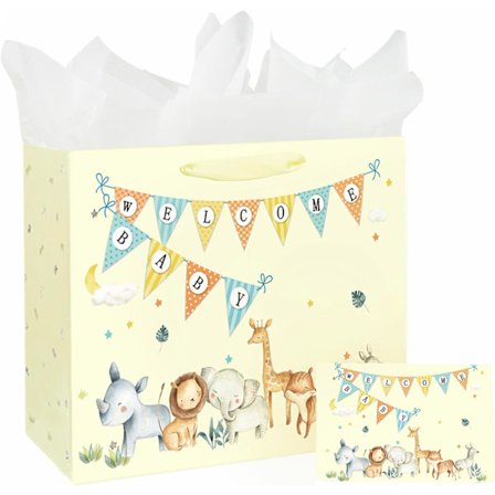 13-tommers stort gavepose-sett, kjønnsnøytrale gaveposer for gutter og jenter med silkepapir og gratulasjonskort - Nyfødt bursdagsfest favoriserer Pac