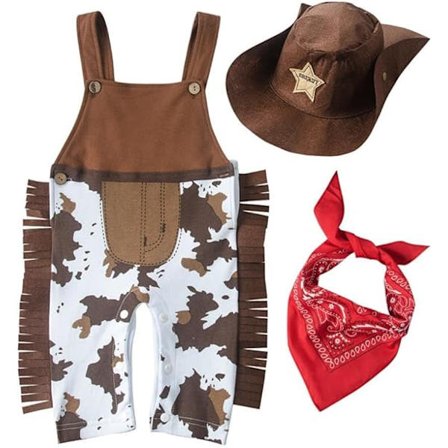 2025 Seneste Model Dressy Daisy Baby Småbørn Børn Drenge Western Style Cowboy Overalls Kostume Sæt med Bandana og Sheriff Hat, Brun