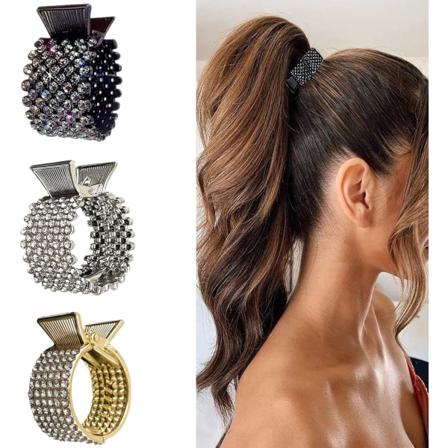 3 kappaleen pakkaus pieniä hiuspidikkeitä korkealle poninhännälle, liukumattomat metalliset strassitukkahelmet, poninhännän pidike, korkea poninhännän