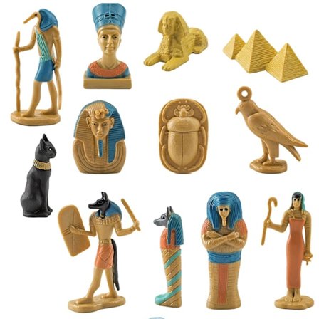 12 stk. antikke Egypten figurer, flerfarvede egyptiske ornamenter, små statuer (LGL)