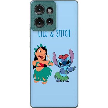 Kompatibel Mobilcover til Motorola Edge 50 Farverig illustration af Lilo og Stitch, der danser hula i græsskjorter