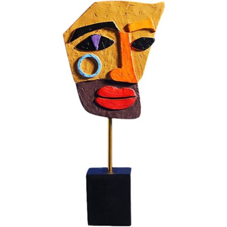 Färgglad skulptur av mänskligt ansikte, konstnärlig staty av mänskligt ansikte, kreativ staty av mänskligt ansikte i harts, abstrakt dekoration