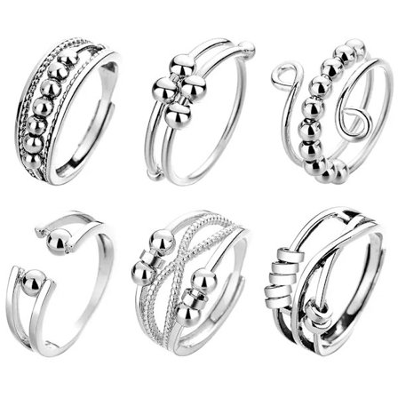 6 st Ångest Spinner Ringar för Kvinnor Fidget Ringar Med Pärlor Stressreducerande Justerbara