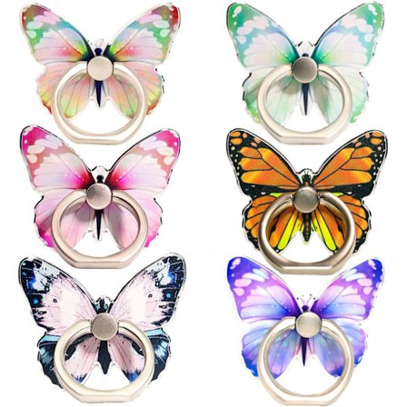 6 stk. sommerfugl ring stand holder, 360° rotation metal finger stand med knop løkke, universal telefon ring greb stand holder til alle smartphones