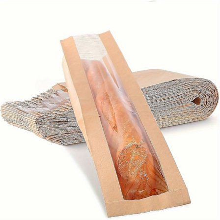 50 stk. papirbrødpose med vindue til hjemmebagt brød, baguetteposer brune kraftbrødposer, lange franskbrødposer, brødkiks emballage B